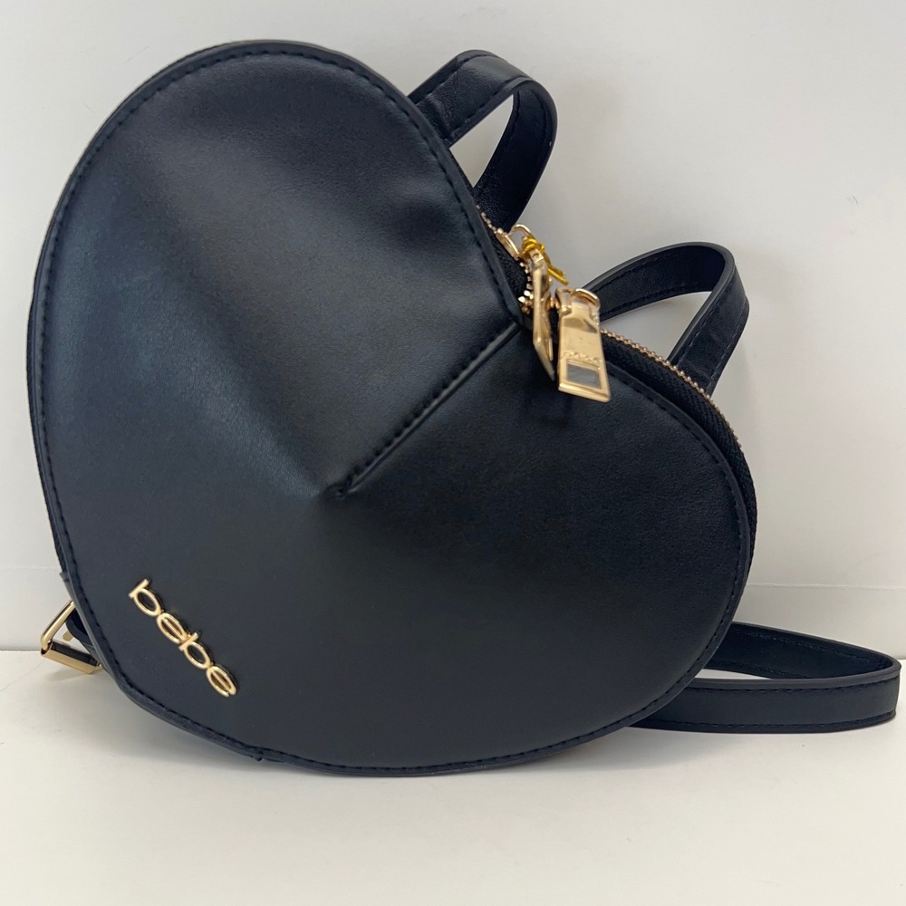 BEBE‎ Crossbody Bag Malou Heart Adjustable Shoulder Purse Black Faux Leather NWT
